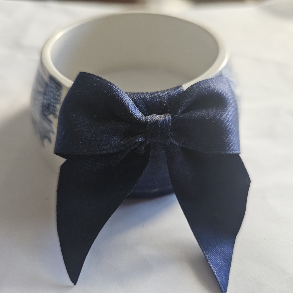 OOAK Porcelian Delft White Bangle with Navy Bow